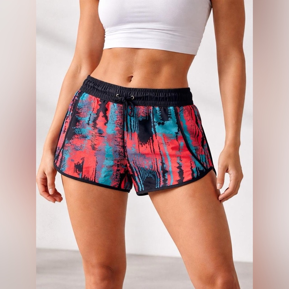 Fabletics Women's Small "The One" Shorts Abstract Glitch Paint Print Red Black